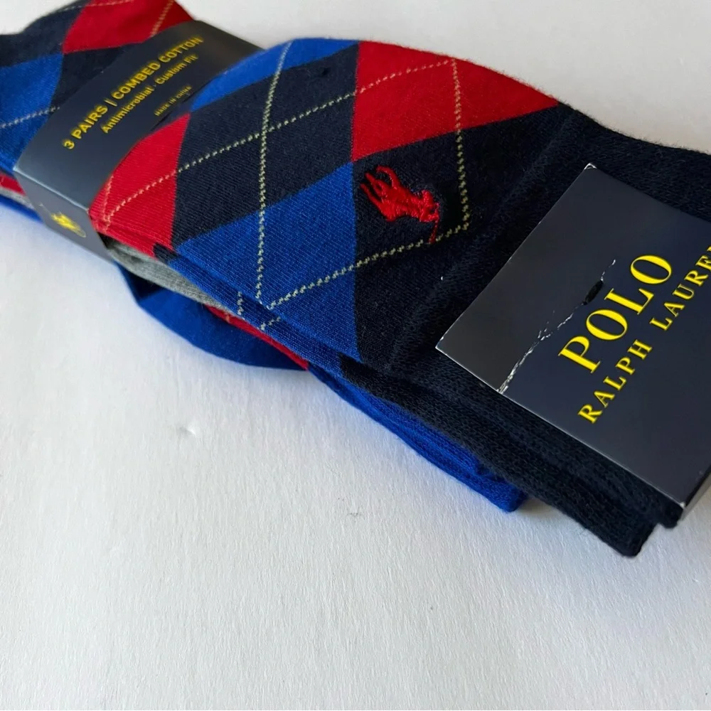 RALPH LAUREN POLO MENS 3 Pair COTTON BLEND SOCKS ARGYLE MIX BLUE RED GRAY OS NWT